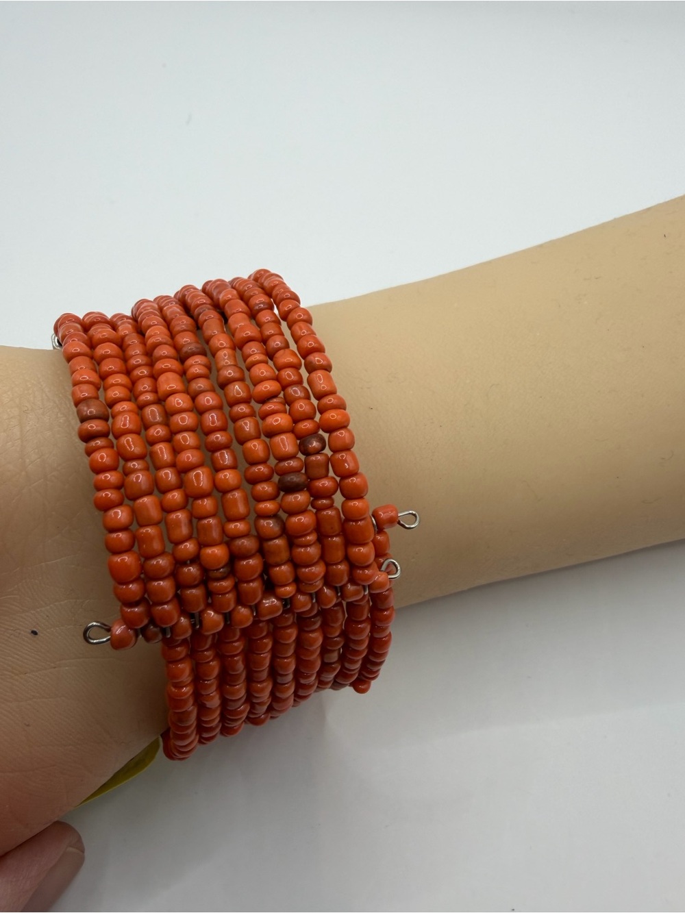 Coral Seed Bead Cuff Bracelet | Orange Multi-Strand Silver Cube - Picture 4 of 10